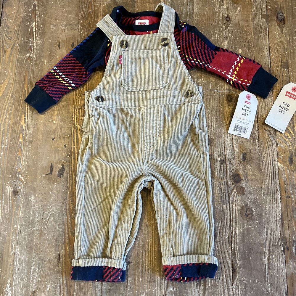 Levi’s Baby Boys 12M Outfit Corduroy Overalls Plaid Shirt Snap Closure NEW NWT